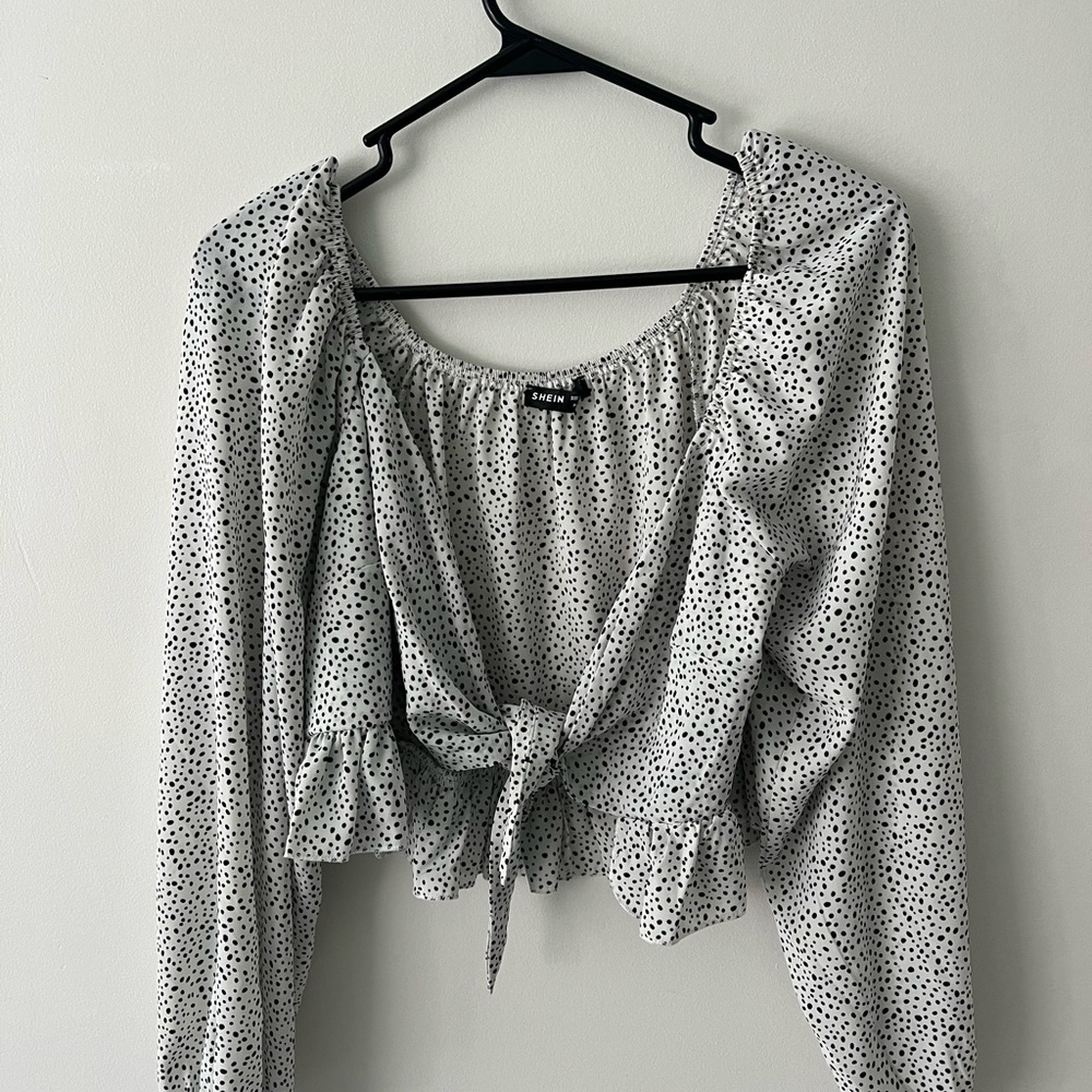 SHEIN Black and White Crop Blouse with Tie Front and Ruffled Sleeves